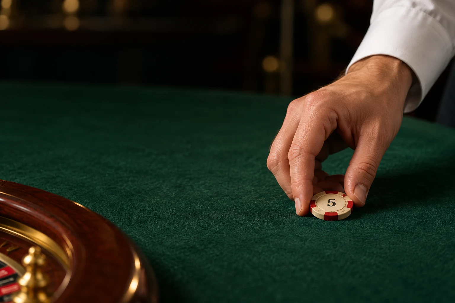 An illustrated dealer placing a five-value chip on green felt