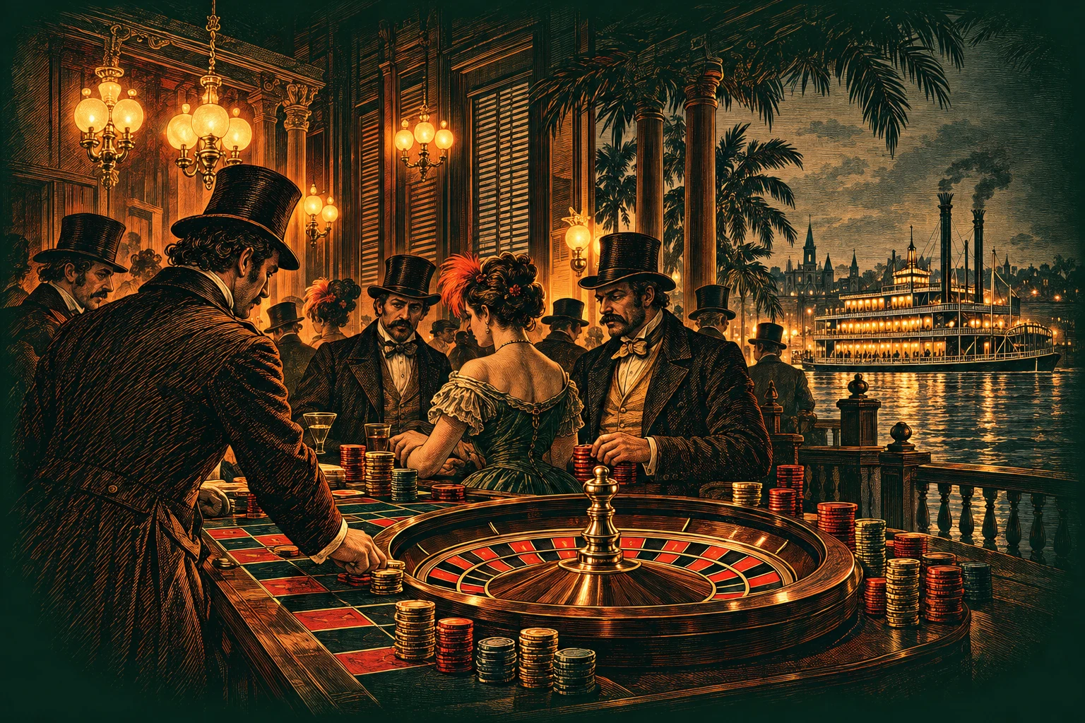 An imagined nineteenth-century New Orleans gaming room, engraved in copper tones