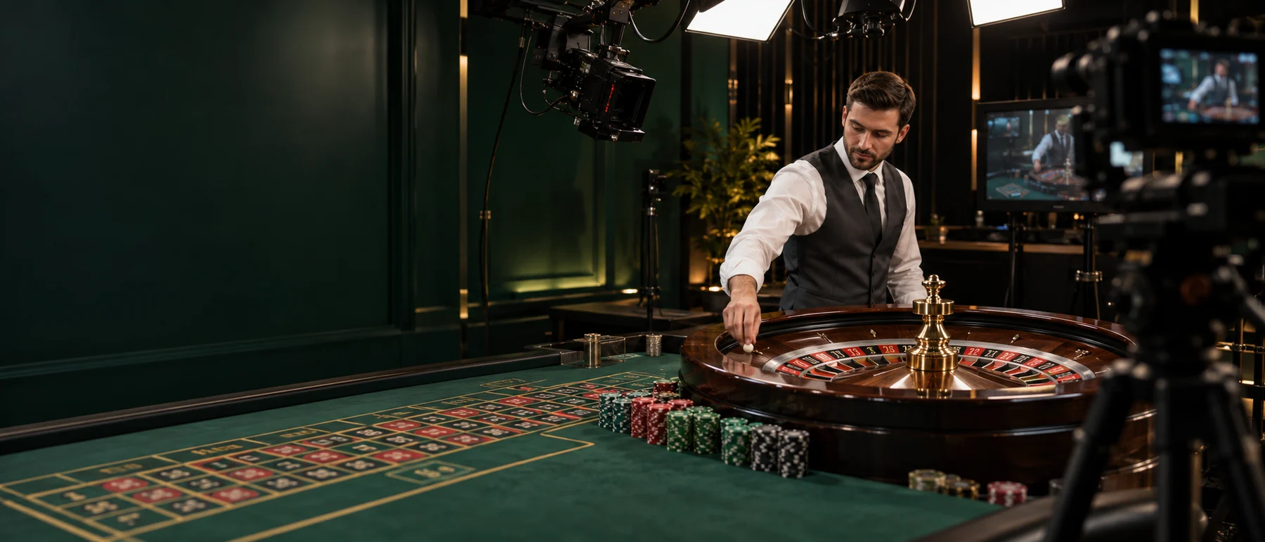Illustrated live roulette studio with a croupier, physical wooden wheel, overhead lights and broadcast cameras